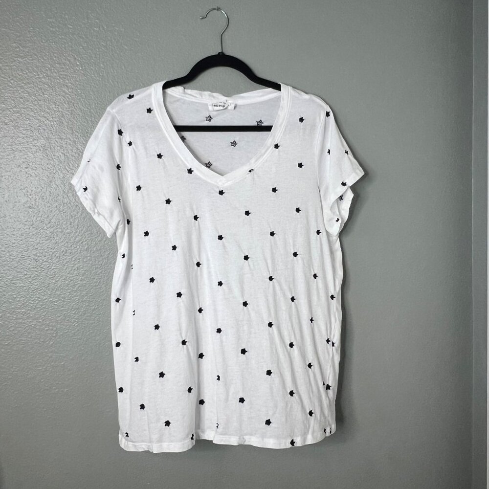 For The Republic V-Neck‎ Star T-Shirt Size 1X Embroidered T-Shirt White Blue